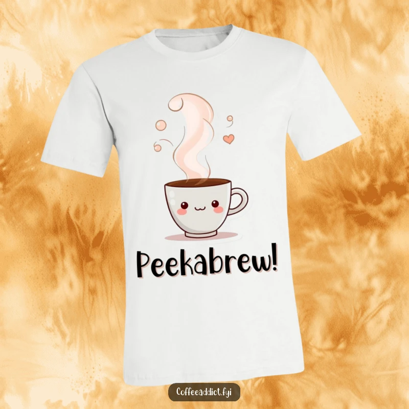 Funny t-shirt showing a coffee cup character playfully peeking from a swirling cloud of aromatic steam, exuding cozy charm.