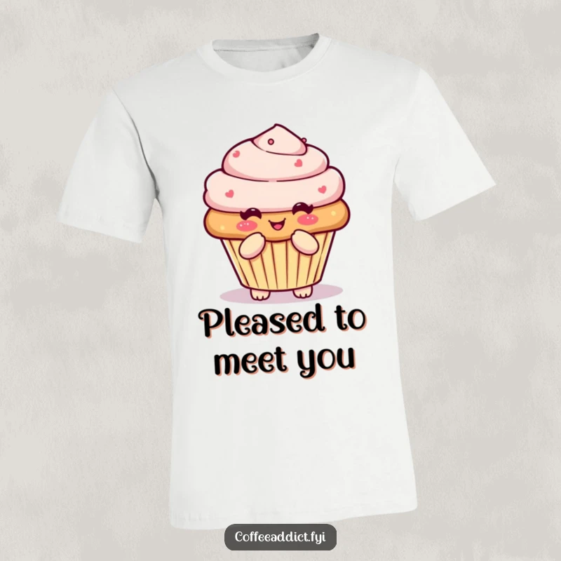 Funny Kawaii muffin t-shirt with a character performing a pleased little bow, perfect for a cute and casual look.