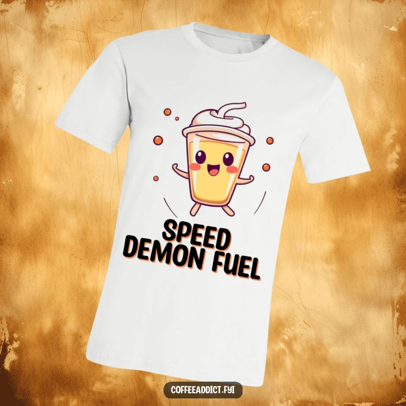Funny Kawaii Espresso Shot T-Shirt showing a character zipping around at high speed, radiating excitement and caffeine-fueled energy.