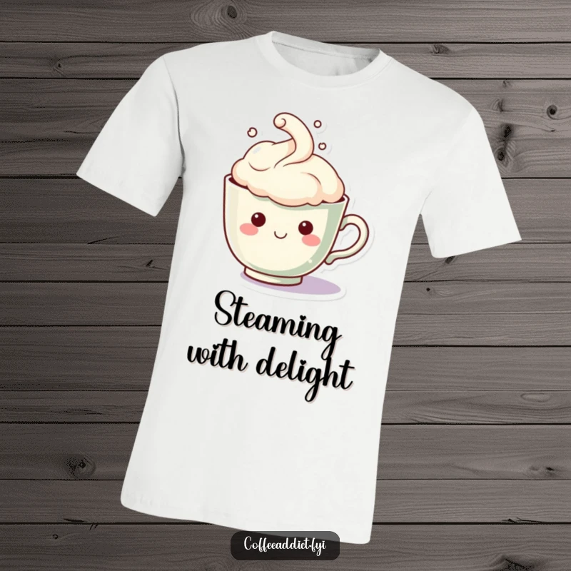 Funny Kawaii Teacup T-Shirt: Cute teacup character with a steam cloud forming a happy, smiling face, embodying cozy joy.