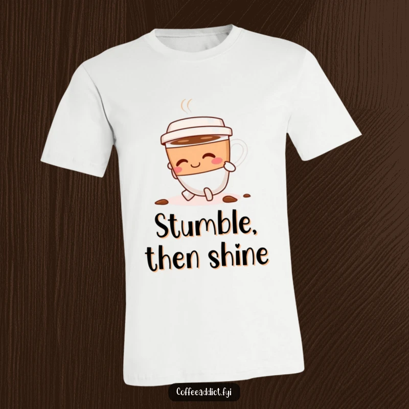 Funny coffee cup character tripping slightly but smiling positively, dusting off with a resilient spirit on a humorous t-shirt.