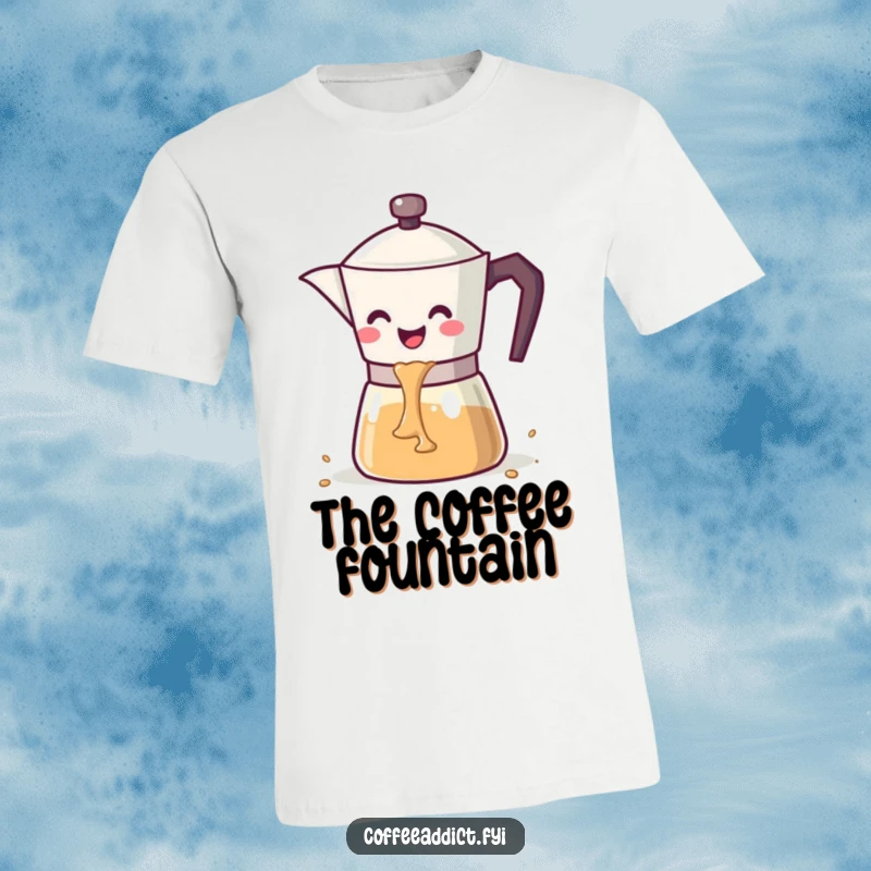 Funny kawaii coffee pot with a wide smile pouring a generous cascade of coffee, on a fun t-shirt.
