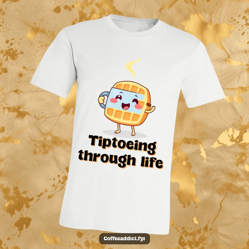 Funny t-shirt depicting a happy waffle carefully tiptoeing with a steaming mug, embodying morning joy.