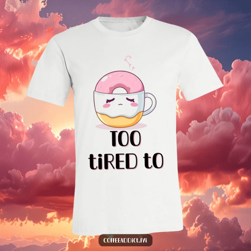 Funny t-shirt depicting a sleepy donut nudged by a steaming coffee mug, perfect for expressing morning laziness.