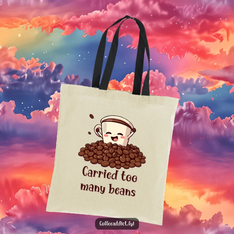Funny Tote Bag: Coffee cup character dramatically faceplanting into a pile of coffee beans, ideal for carrying items with humor.
