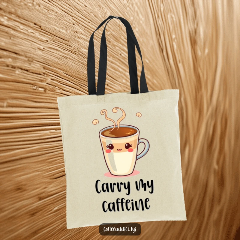 Funny espresso shot tote bag featuring a winking coffee character and swirling steam, ideal for stylish, humorous carrying.