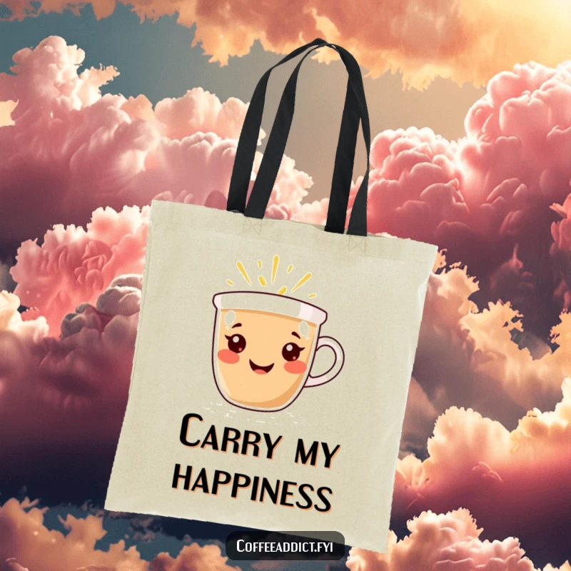 Funny Tote Bag: Coffee cup character with a radiant smile, emanating warmth and happiness, ideal for carrying items cheerfully.