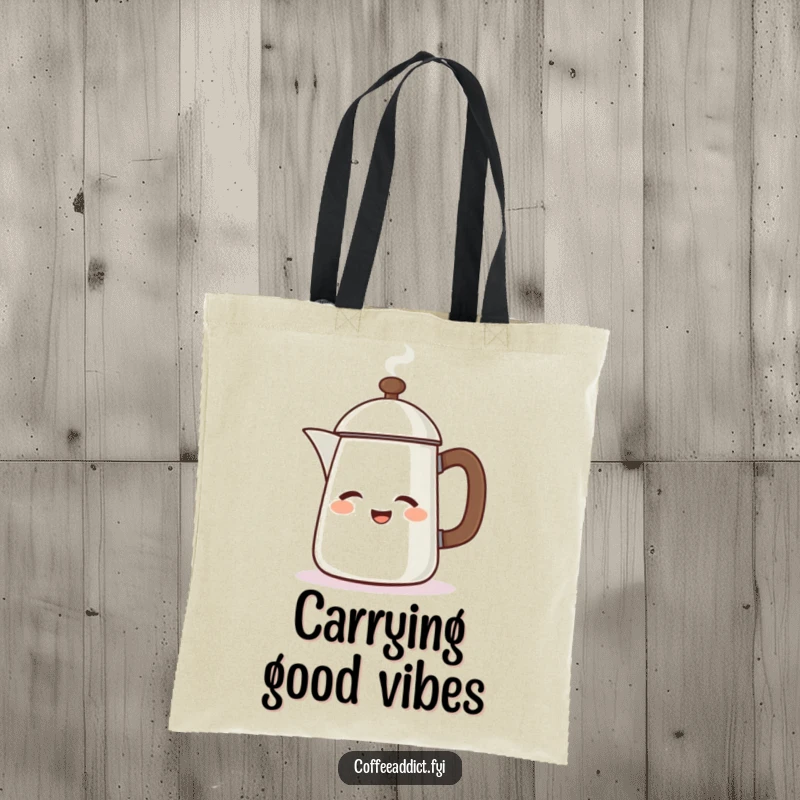 Funny tote bag illustrating a steaming coffee pot character winking energetically, ready for any task.