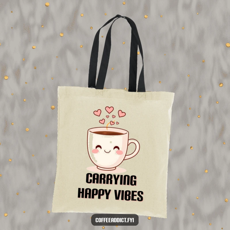 Funny smiling coffee cup with heart-shaped steam doing a happy dance, on a stylish and useful tote bag.