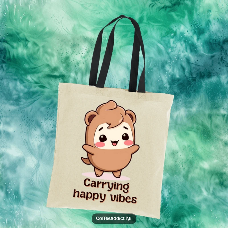 Funny Kawaii mocha tote bag with a giggling character doing a joyful wiggle, great for shopping and daily use.