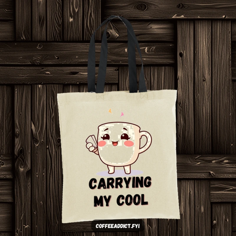 Funny cheerful coffee mug with rosy cheeks dramatically fanning itself, on a durable tote bag.