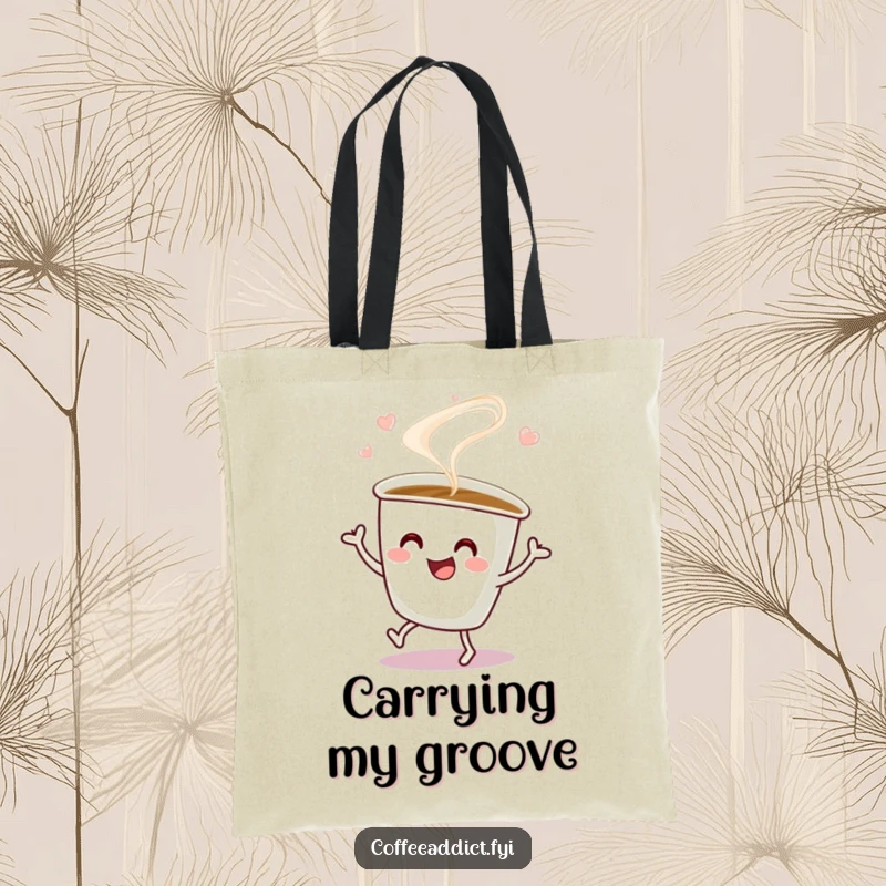 Funny Tote Bag illustrated with a coffee cup and swirling steam doing a happy jig, ideal for carrying daily items humorously.