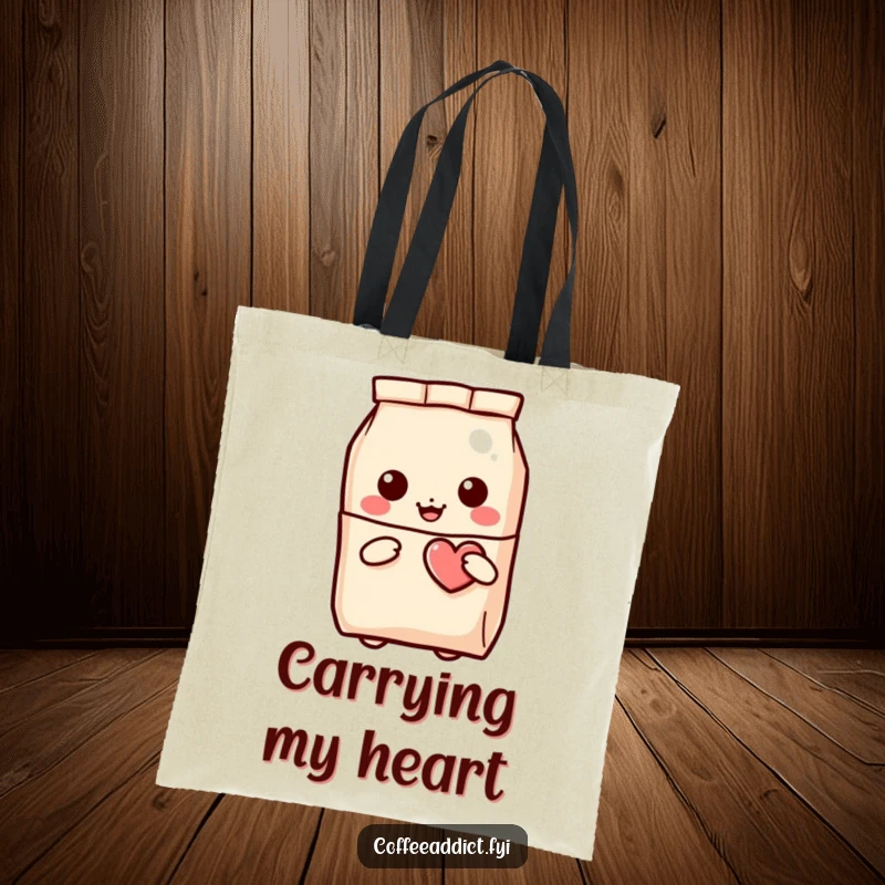 Funny Kawaii Coffee Bag Tote featuring a small character peeking out and holding a winking heart, perfect for shopping.