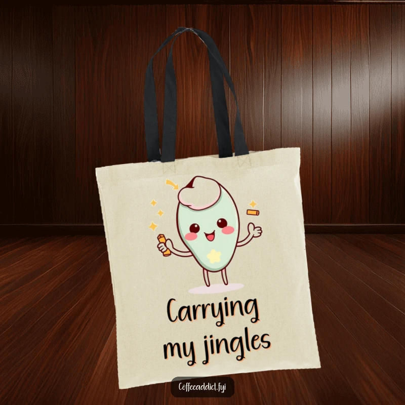 Funny Kawaii Coffee Spoon Tote Bag with a character giving a delighted flourish and a tiny jingle, great for shopping.