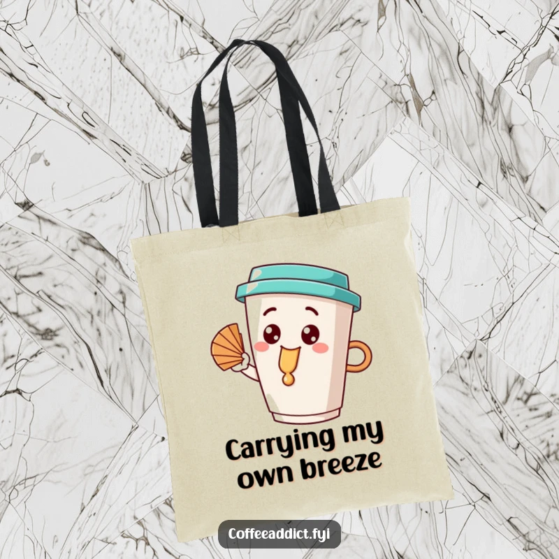Funny coffee cup character with a happy dribble, fanning itself elegantly on a canvas tote bag, ready for shopping adventures.