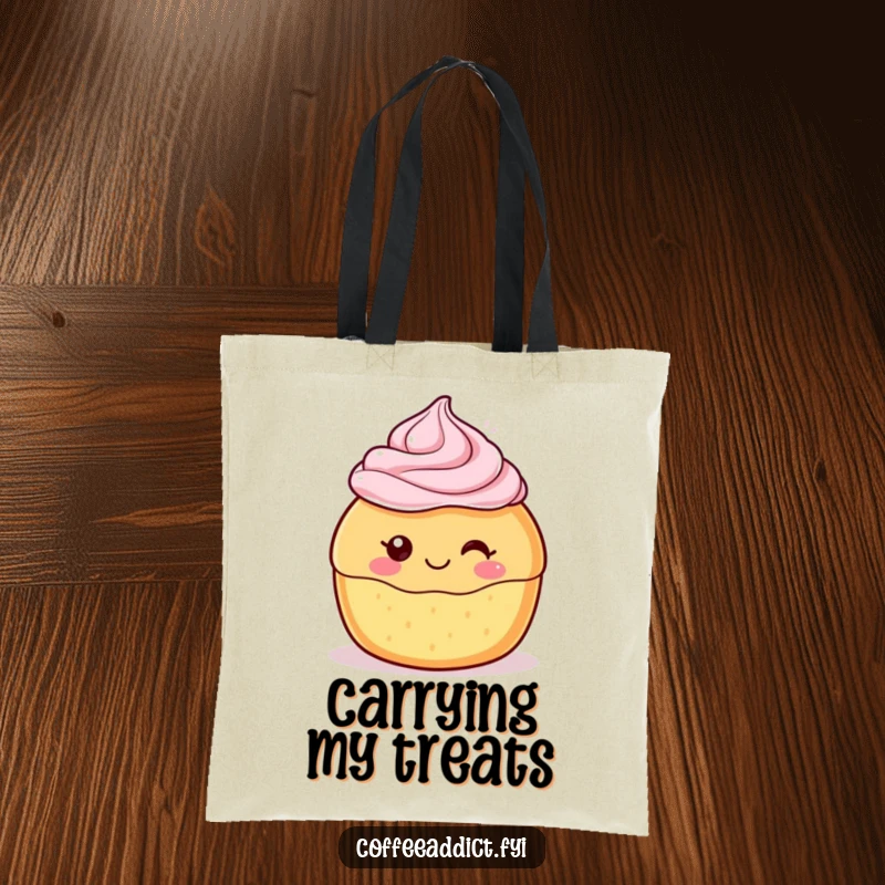 Funny Kawaii Pastry Tote Bag featuring a cute character with a delighted swirl of frosting, perfect for carrying essentials with sweetness.