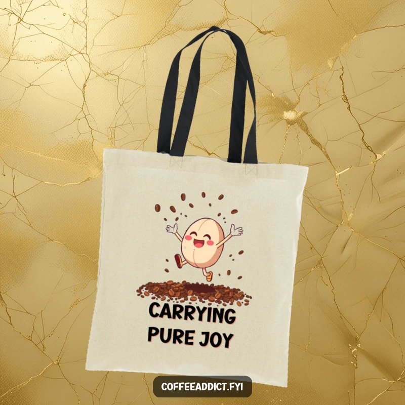 Funny Coffee Bean Leap Tote Bag: A stylish tote bag with a coffee bean character leaping, scattering grounds like confetti.