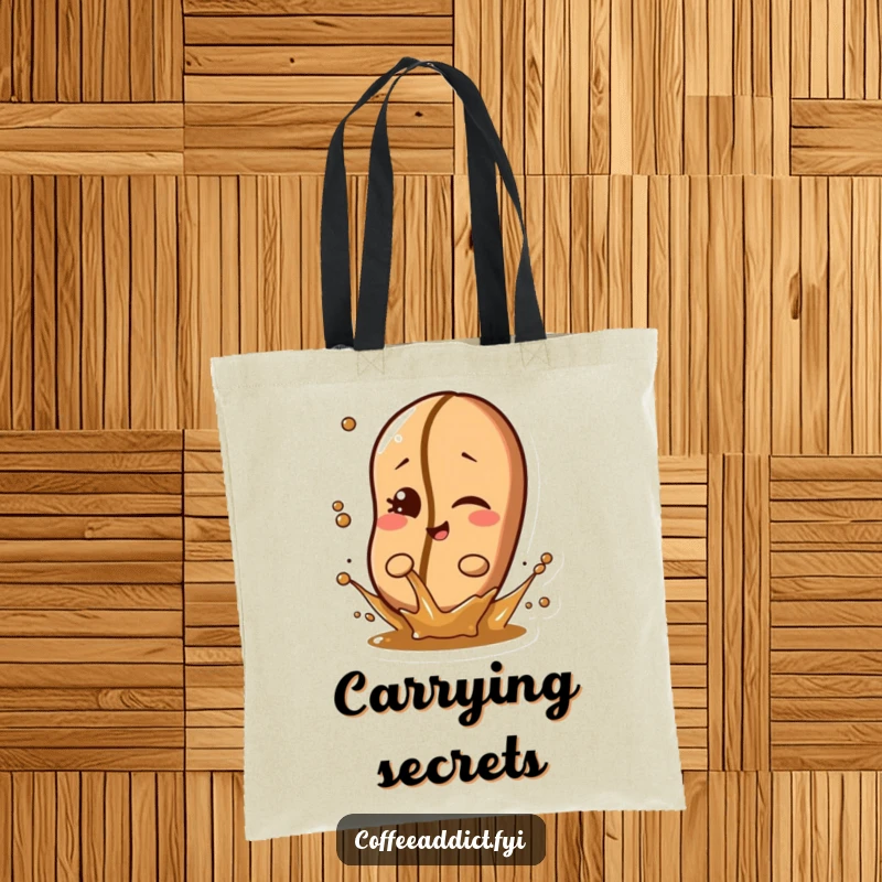 Funny coffee bean character winking playfully while splashing a small amount of liquid on a canvas tote bag, ready for errands.