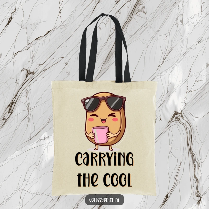 Funny tote bag with a coffee bean wearing sunglasses, winking, and holding a tiny mug, perfect for coffee lovers.