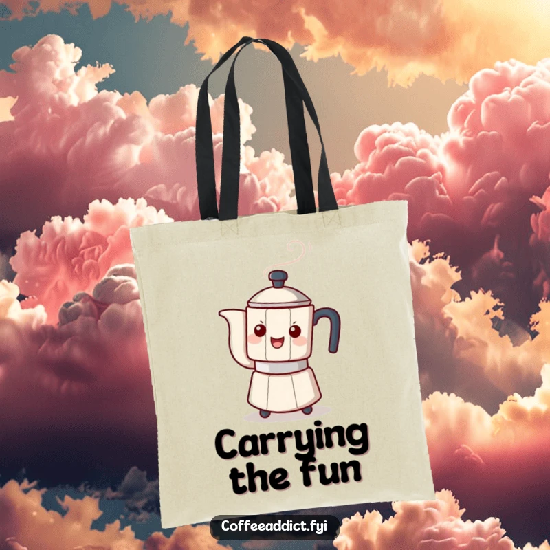 Funny tote bag showcasing a steaming coffee pot character playfully tipping, ideal for carrying essentials with a cheerful vibe.