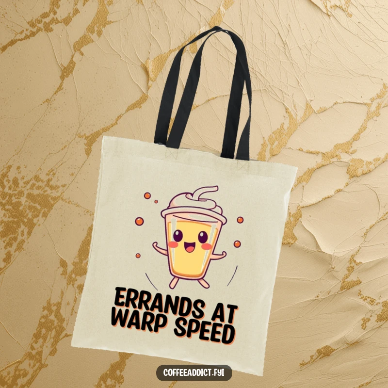 Funny Kawaii Espresso Shot Tote Bag with a character zipping around at top speed, perfect for carrying essentials with excitement.