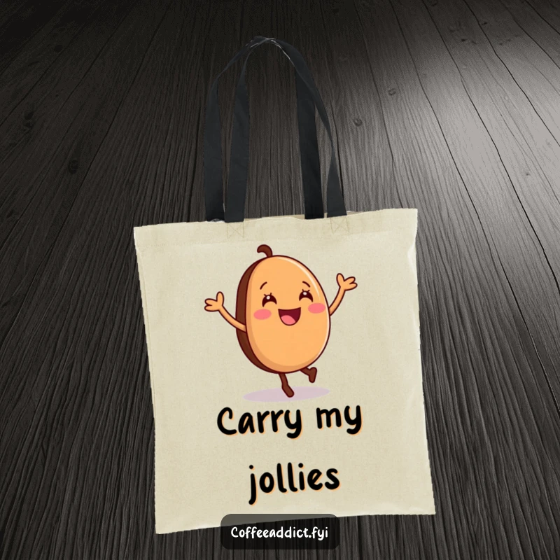 Funny Tote Bag illustrated with a smiling coffee bean performing a cartwheel, ideal for carrying daily necessities humorously.