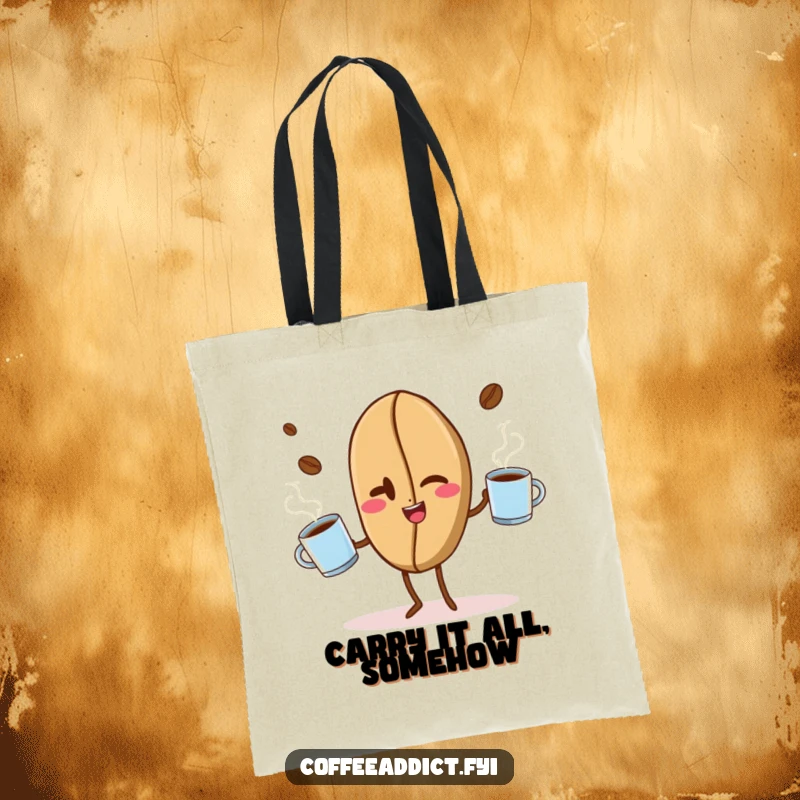 Funny and durable tote bag featuring a winking coffee bean juggling hot mugs, ideal for carrying everyday items with a playful flair.