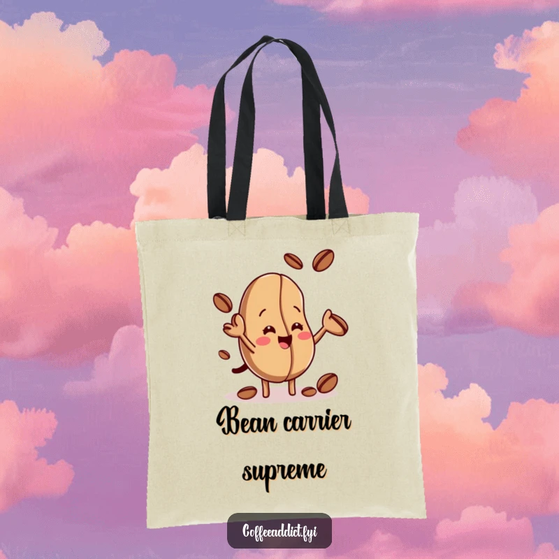 Funny tote bag showcasing a talented coffee bean juggling smaller beans, ideal for carrying groceries with a dose of humor.