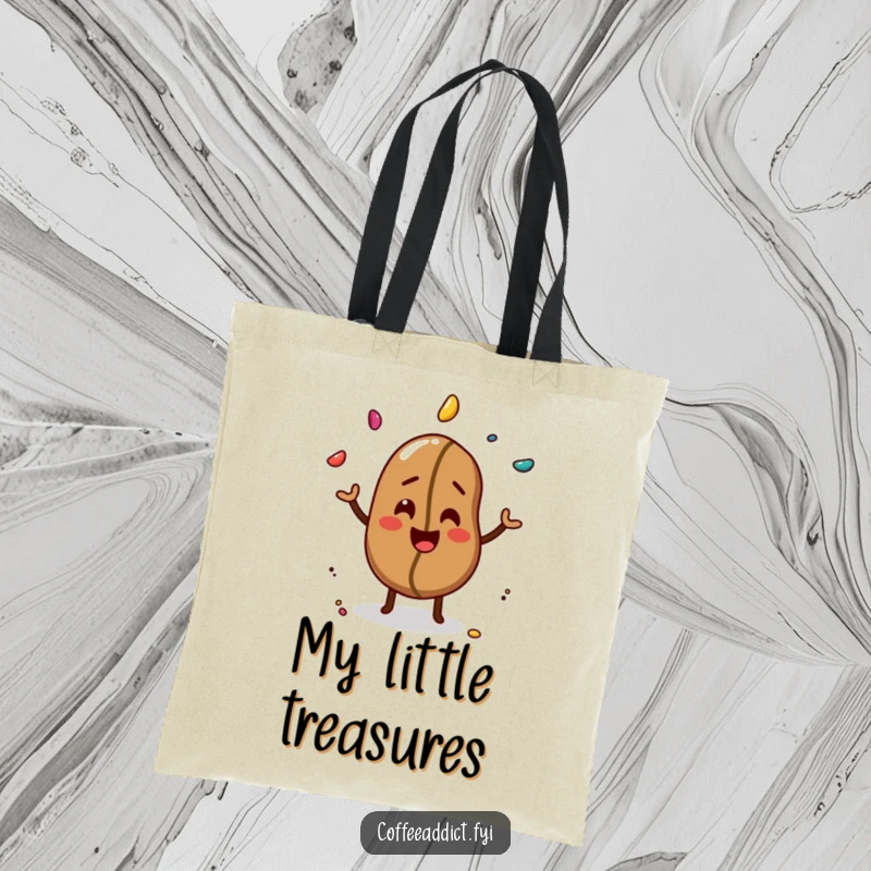 Funny tote bag with a giggling coffee bean expertly juggling three colorful sprinkles, great for carrying essentials.