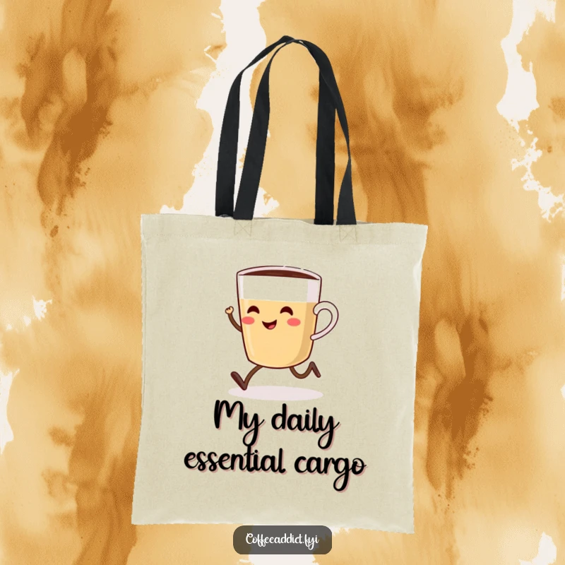 Funny tote bag with a smiling coffee cup with tiny legs joyfully sprinting towards a steaming coffee pot, perfect for errands.