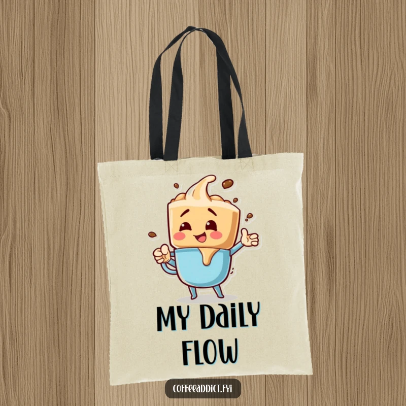 Funny tote bag showcasing an energetic coffee drip character in a bubbly pose, perfect for carrying items with a splash of humor.