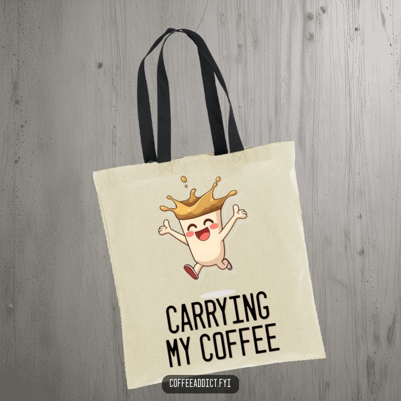 Funny tote bag featuring a coffee splash character leaping with enthusiasm, ideal for carrying items with a jolt of fun.
