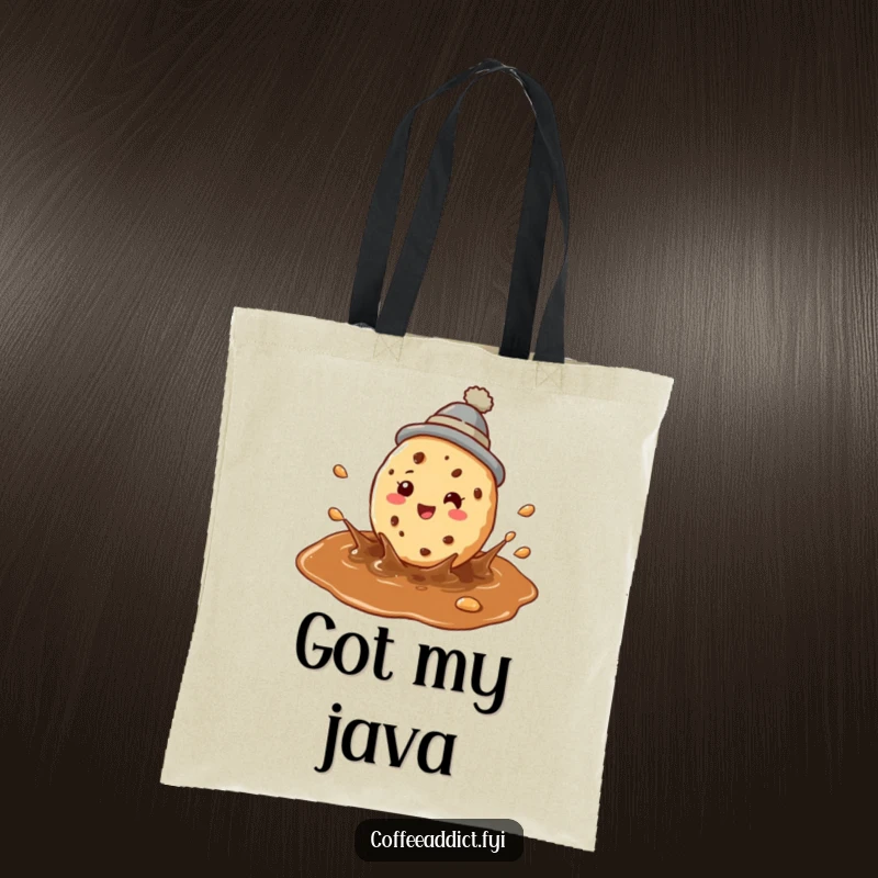 Funny cookie coffee tote bag with a perky cookie wearing a hat splashing joyfully in coffee.