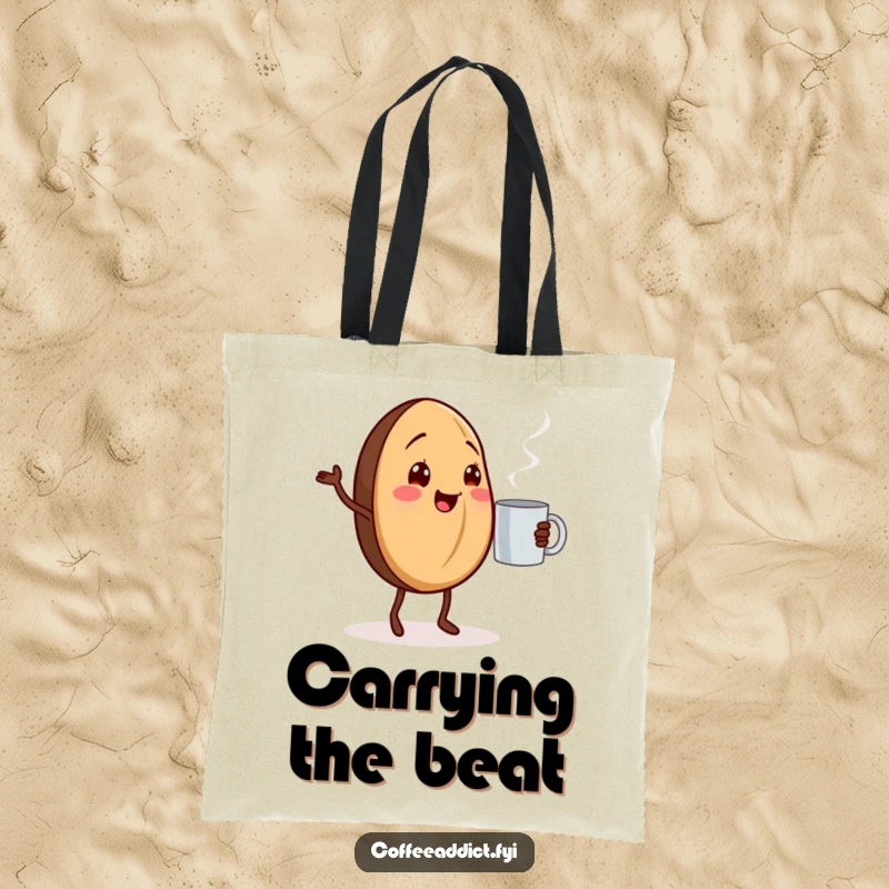 Funny dancing coffee bean tote bag with a cheerful coffee bean next to a steaming mug.