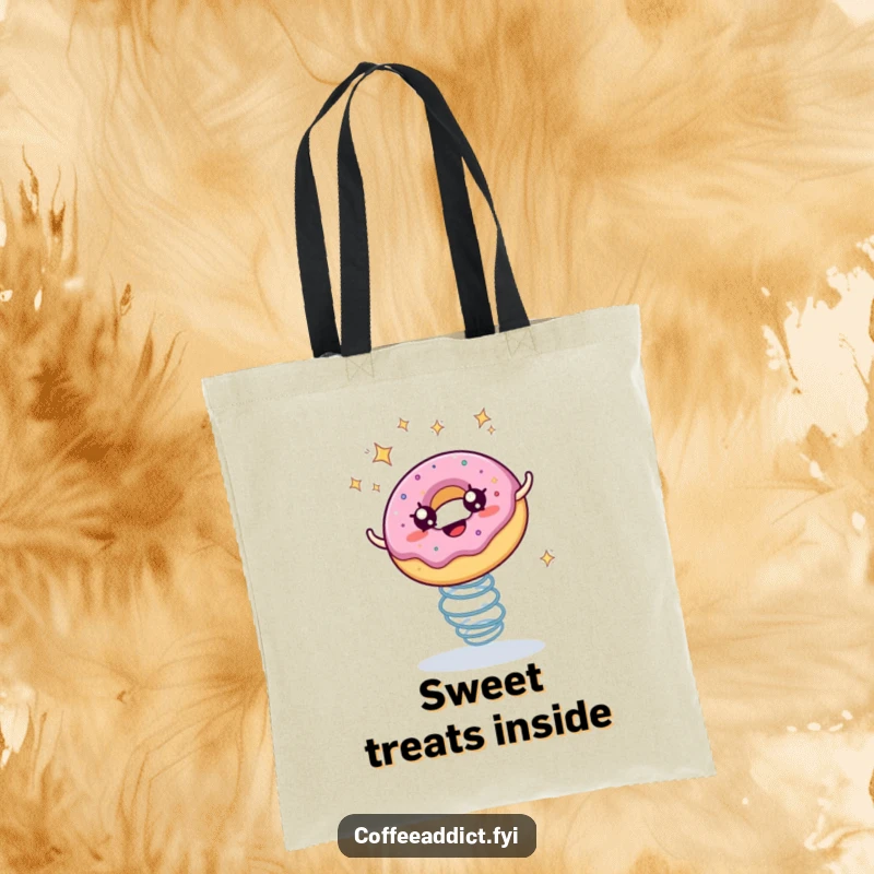 Funny tote bag showcasing a starry-eyed donut joyfully bouncing high on a spring, perfect for carrying goodies.