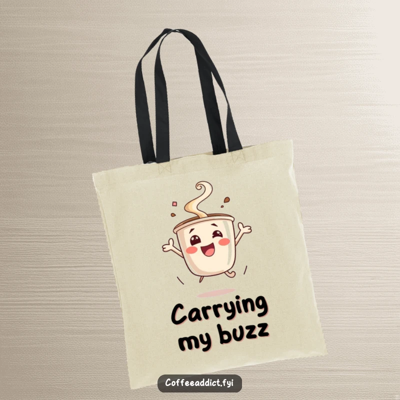 Funny excited coffee cup tote bag, steam rising, jumping for joy. A cheerful and humorous accessory for coffee enthusiasts, a great gift.