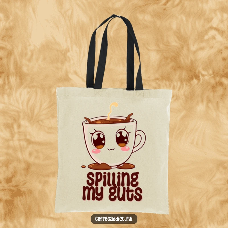 Funny tote bag featuring a coffee cup character with huge, excited eyes, playfully spilling coffee, great for daily use.
