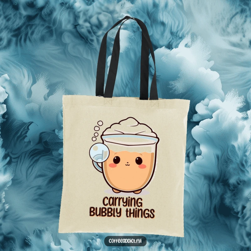 Funny Kawaii cappuccino tote bag with a character blowing a playful bubble of foam, perfect for everyday use.