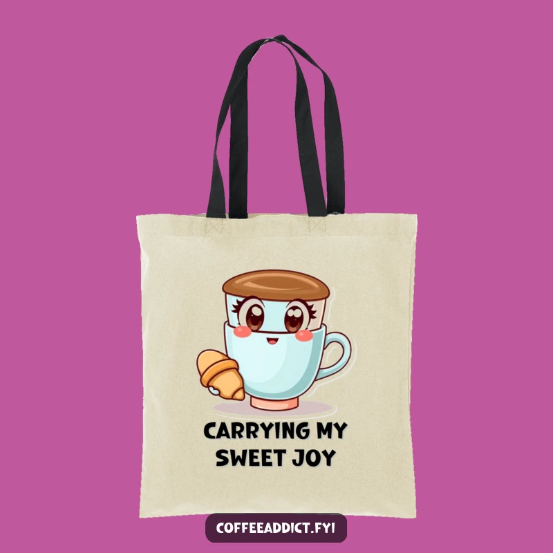 Funny Kawaii Coffee Cup Tote Bag: Happy Croissant Holder for Cheerful Errands