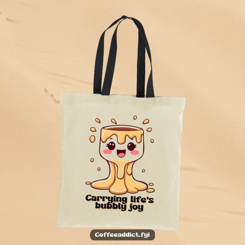 Funny Kawaii Coffee Drip Tote Bag depicting a cute character creating a bubbly cascade, a humorous and practical accessory gift.