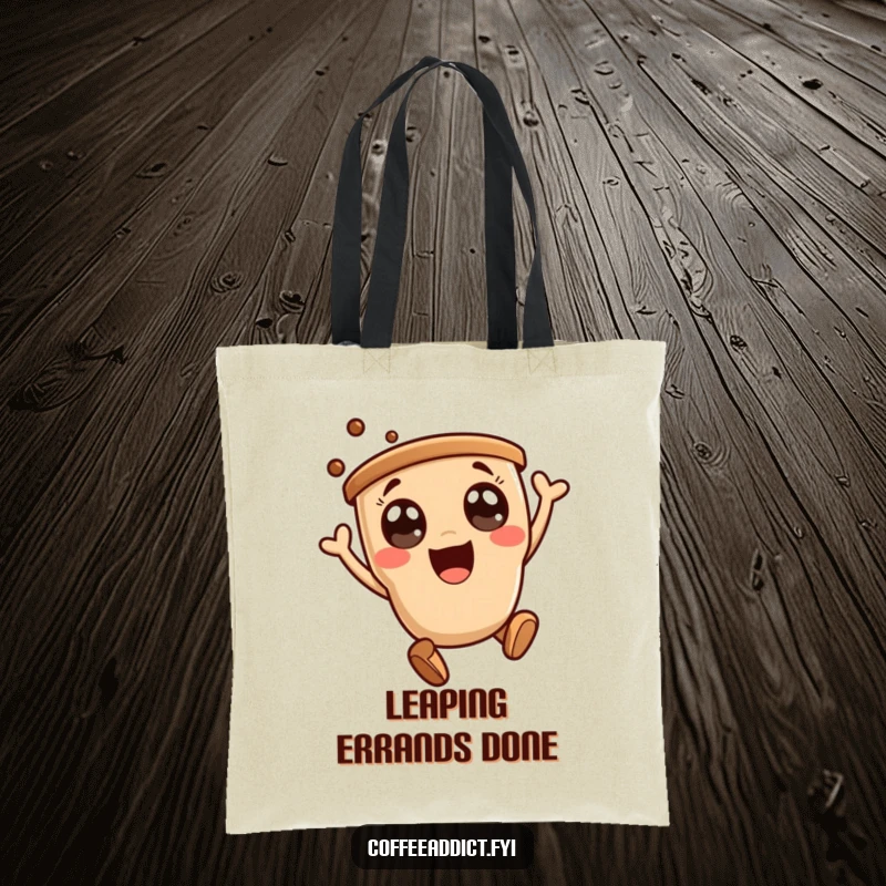 Funny tote bag with a kawaii coffee character doing a happy, energetic leap, great for cheerful style.