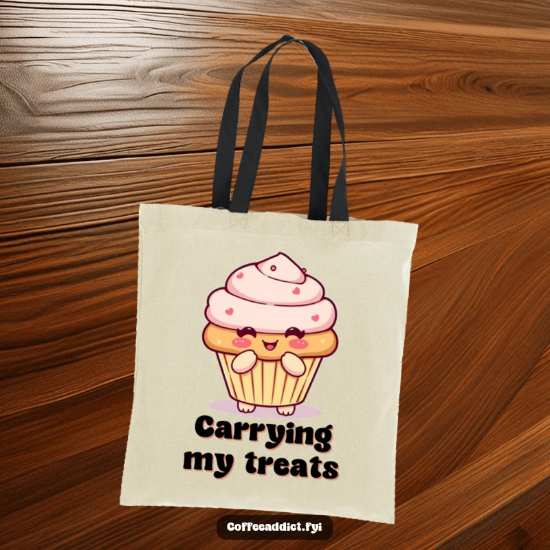 Funny Kawaii muffin tote bag with a character doing a pleased little bow, perfect for carrying essentials sweetly.