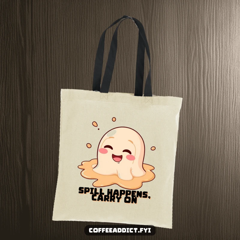 Funny tote bag art depicting a coffee puddle character melting happily with a goofy grin, great for carrying essentials.