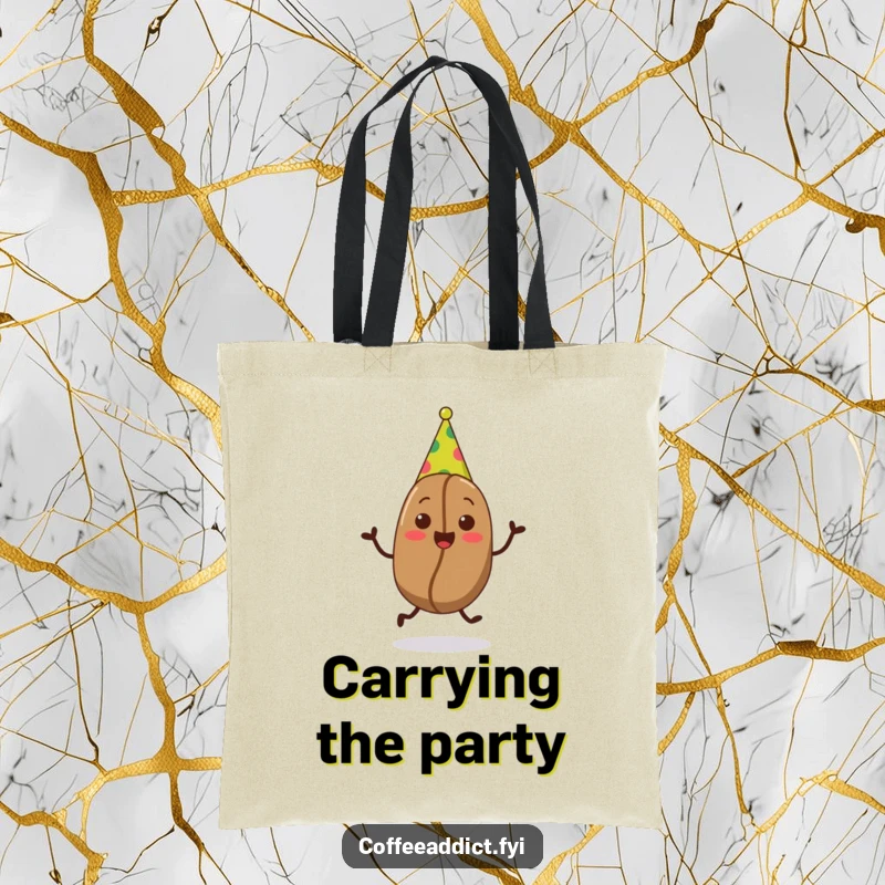Funny tote bag showcasing a coffee bean wearing a party hat and doing a happy jig, ideal for carrying items with festive charm.