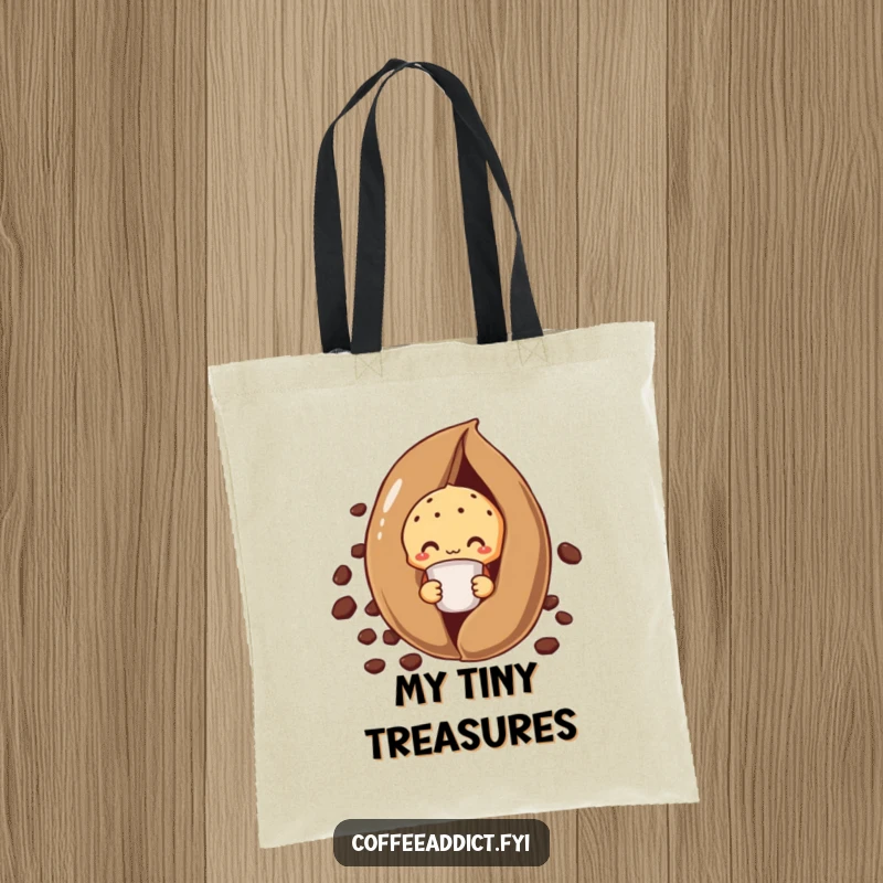 Funny shy muffin tote bag with a muffin peeking from behind a giant coffee bean, holding a tiny cup.