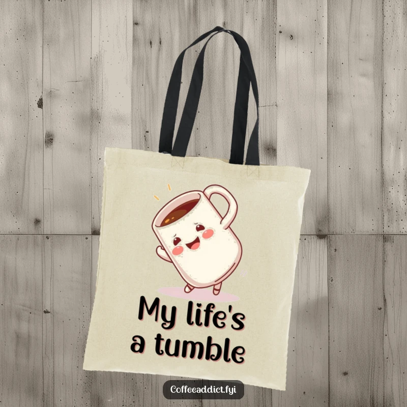 Funny tote bag featuring a coffee mug doing a happy somersault, perfect for carrying items with a touch of energetic fun.