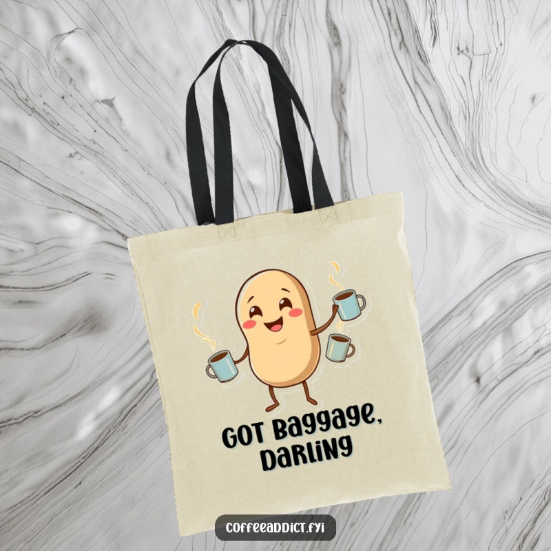 Funny tote bag featuring a smiling coffee bean character expertly juggling steaming mugs, perfect for a stylish and humorous carry-all.
