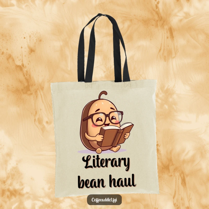 Funny Tote Bag: Coffee bean character wearing spectacles, reading a comically large book, perfect for carrying books with humor.