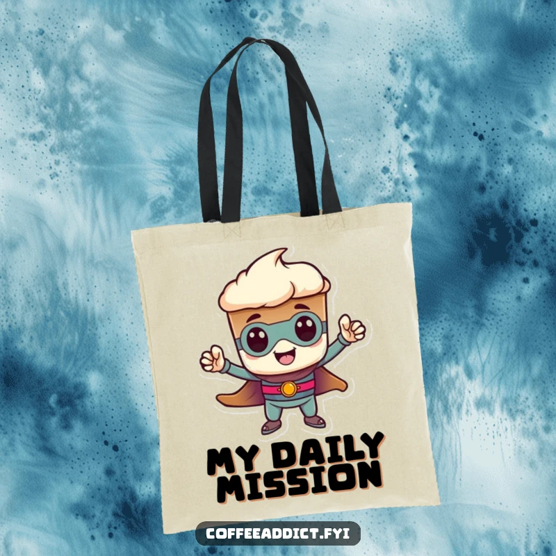 Funny heroic espresso shot tote bag, striking a tiny pose. A bold and humorous accessory for carrying essentials, a great gift.