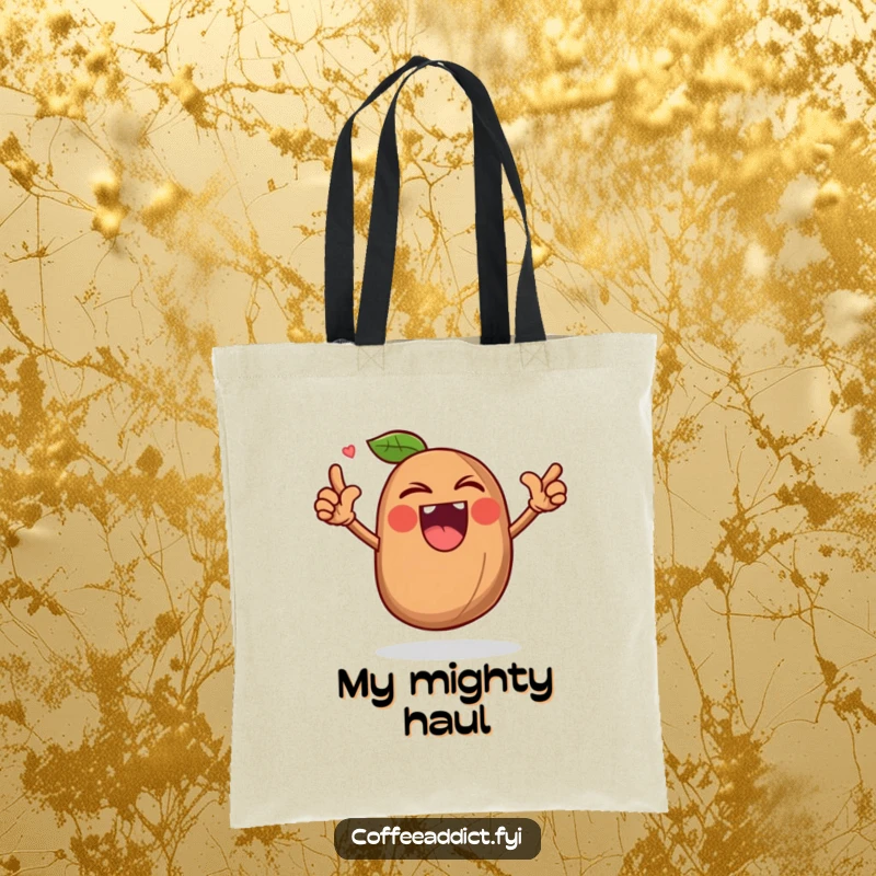 Funny tote bag with a coffee bean character roaring triumphantly, great for carrying essentials with power.
